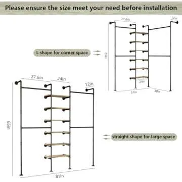 HKaikzo Industrial Pipe Clothes Rack, DÉCOR Wall Mounted Clothing Rack, for Walk-in Wardrobe Multi-Purpose Storage Clothes Hanging Shelf, 2 Installation Methods
