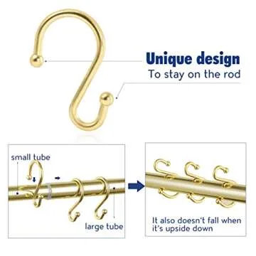 Metal Shower Curtain Hooks，Set of 12 Rings，Rust Resistant S Shaped Hooks Hangers for Shower Curtains, Kitchen Utensils, Clothing, Towels, etc. (Gold)