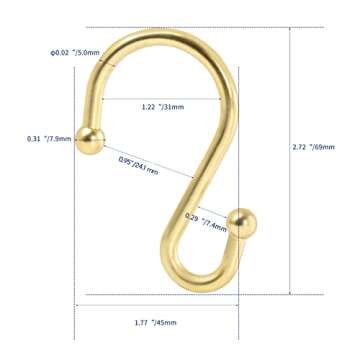 Metal Shower Curtain Hooks，Set of 12 Rings，Rust Resistant S Shaped Hooks Hangers for Shower Curtains, Kitchen Utensils, Clothing, Towels, etc. (Gold)
