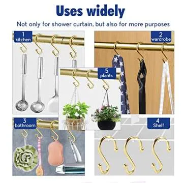 Metal Shower Curtain Hooks，Set of 12 Rings，Rust Resistant S Shaped Hooks Hangers for Shower Curtains, Kitchen Utensils, Clothing, Towels, etc. (Gold)