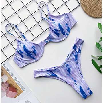 JOJO LEMON Women’s Tie Dye Two Piece Swimsuit Floral Print Sexy Bathing Suit Thong Bikini Set Purple