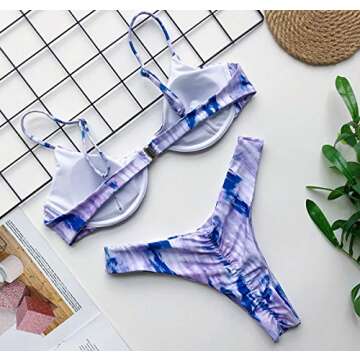 JOJO LEMON Women’s Tie Dye Two Piece Swimsuit Floral Print Sexy Bathing Suit Thong Bikini Set Purple