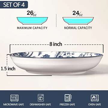 Artena Pasta Bowls Set Of 4, 26oz Porcelain Salad Bowls, 8 Inch Bowls For Kitchen, Colorful Dinner P...