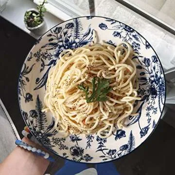 Artena Pasta Bowls Set Of 4, 26oz Porcelain Salad Bowls, 8 Inch Bowls For Kitchen, Colorful Dinner Plates, Serving Bowls For Entertaining, Shallow Bowl For Eating, Microwave, Oven Safe, Blue Flower