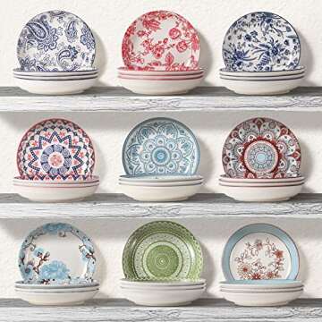 Artena Pasta Bowls Set Of 4, 26oz Porcelain Salad Bowls, 8 Inch Bowls For Kitchen, Colorful Dinner Plates, Serving Bowls For Entertaining, Shallow Bowl For Eating, Microwave, Oven Safe, Blue Flower
