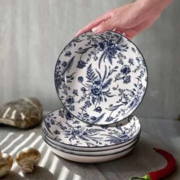 Artena Pasta Bowls Set Of 4, 26oz Porcelain Salad Bowls, 8 Inch Bowls For Kitchen, Colorful Dinner Plates, Serving Bowls For Entertaining, Shallow Bowl For Eating, Microwave, Oven Safe, Blue Flower