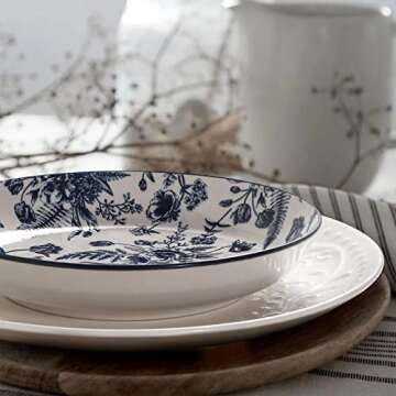 Artena Pasta Bowls Set Of 4, 26oz Porcelain Salad Bowls, 8 Inch Bowls For Kitchen, Colorful Dinner Plates, Serving Bowls For Entertaining, Shallow Bowl For Eating, Microwave, Oven Safe, Blue Flower