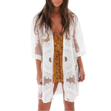 shermie Women's 3/4 Sleeve Loose Kimono Sun Flower Bikini Swimwear Bathing Suit Cover Up White