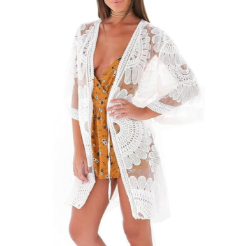 shermie Women's 3/4 Sleeve Loose Kimono Sun Flower Bikini Swimwear Bathing Suit Cover Up White
