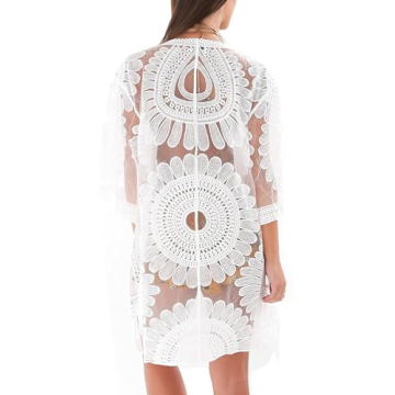 shermie Women's 3/4 Sleeve Loose Kimono Sun Flower Bikini Swimwear Bathing Suit Cover Up White