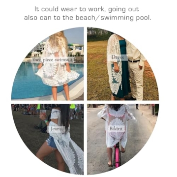 shermie Women's 3/4 Sleeve Loose Kimono Sun Flower Bikini Swimwear Bathing Suit Cover Up White