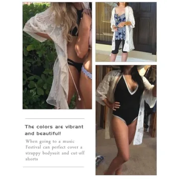 shermie Women's 3/4 Sleeve Loose Kimono Sun Flower Bikini Swimwear Bathing Suit Cover Up White