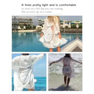 shermie Women's 3/4 Sleeve Loose Kimono Sun Flower Bikini Swimwear Bathing Suit Cover Up White