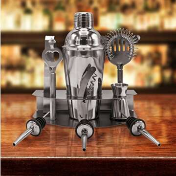 Sorbus Cocktail Shaker and Mixing Set - Deluxe 10 Piece Bar Tool Set: Bottle Opener, Cork Screw, Ice Tong, Measuring Jigger, Strainer, Liquor Pourers, on Display Stand