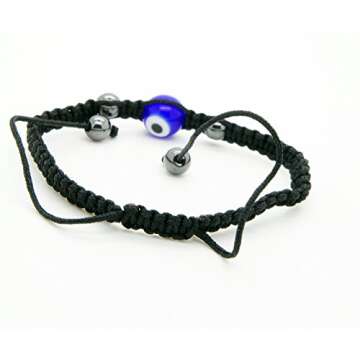 Black Nylon Cord Evil Eye Good Luck Bracelet Glass Colors Adjustable Size Handmade (Blue)