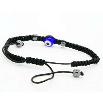 Black Nylon Cord Evil Eye Good Luck Bracelet Glass Colors Adjustable Size Handmade (Blue)