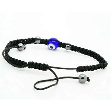 Black Nylon Cord Evil Eye Good Luck Bracelet Glass Colors Adjustable Size Handmade (Blue)