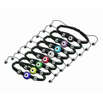 Black Nylon Cord Evil Eye Good Luck Bracelet Glass Colors Adjustable Size Handmade (Blue)