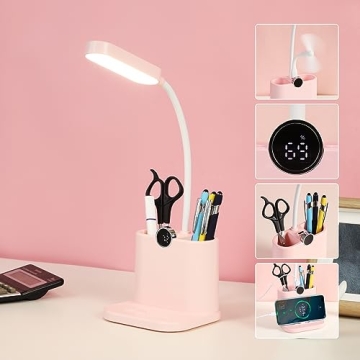 SUNLONG Small Desk Lamp with USB Charging Port, 3 Modes Dimmable Pink Lamp Pink Desk Light, Pink Des...