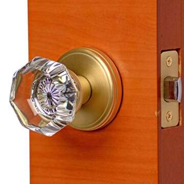 Octagon Crystal Door Knob with Satin Brass Classic Plate (Passage (Hall/Closet))- Crystal Door Knobs...