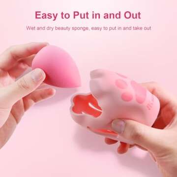 BEAKEY 2 Pcs Makeup Sponge Set, Latex Free Pink Beauty Sponge & Silicone Makeup Sponge Holder, Cat Hug Beauty Sponge Blender Case with Vent Design for Quick Drying
