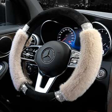 Achiou Rhinestone Fluffy Steering Wheel Cover for Women