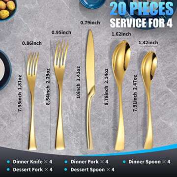 Lemeya 20-Piece Gold Silverware Set for 4,Heavy Duty 18/10 Stainless Steel Cutlery Set with Forged S...