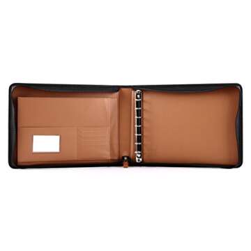 2Fold Zippered Business Checkbook Binder - 7 Ring Binder for Business Checks with Built-in Organizer Business Card Case - PU Leather Binder Portfolio for up to 600 3-Up Business Checks (Light Brown)