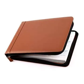 2Fold Zippered Business Checkbook Binder - 7 Ring Binder for Business Checks with Built-in Organizer Business Card Case - PU Leather Binder Portfolio for up to 600 3-Up Business Checks (Light Brown)