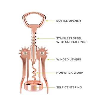 True Soar Copper Winged Corkscrew, Self Centering Worm, Bottle Opener 1.5x6.75x2.5