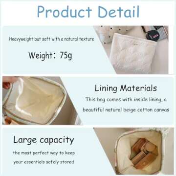 uekeboag White Quilted Cotton Makeup Pouch,Coquette Quilted Toiletry Bag for Women and Girls, Floral Coquette Organizer Bag, Aesthetic Travel Cosmetic Bags(03White Shells)