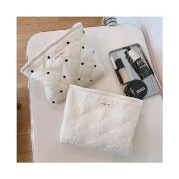 uekeboag White Quilted Cotton Makeup Pouch,Coquette Quilted Toiletry Bag for Women and Girls, Floral Coquette Organizer Bag, Aesthetic Travel Cosmetic Bags(03White Shells)
