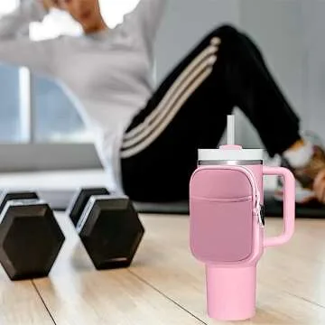 WEILNELL Water Bottle Pouch For Stanley Accessories,Tumbler Pouch With Pocket,Armband Key Card Bag,Compatible With A Variety Of Water Bottles, Gym Water Bottles,Stanley Tumbler (Pink)