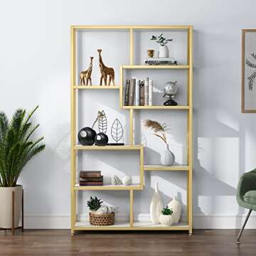 Tribesigns Bookshelf Bookcase, Gold 8-Open Shelf Etagere Bookcase with Faux Marble, Modern Book Shelves Display Shelf Storage Organizer for Home Office