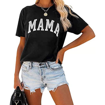 Tomteamell Mama Shirt Womens Short Sleeve Tops Trendy Graphic Tees Casual Mom Tshirt XL Black