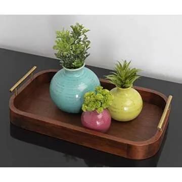 Kate and Laurel Lipton Mid-Century Rectangle Wood Tray, 10" x 18, Walnut Brown and Gold, Decorative Accent with Rounded Edges