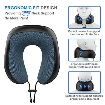 THEMONG YFO Updated 100% Pure Memory Foam Travel Pillow, Luxury Leather Neck Pillow with 3D Eye Mask, Earplugs, and Portable Bag, Comfortable 360 Degree Head Support Travel Pillows for Airplanes
