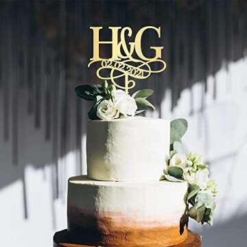 Personalised Gold Initials Wedding Cake Topper, Custom Two Initial and Date Monogram, Double Letter Engagement and Anniversary Wedding Party Decoration