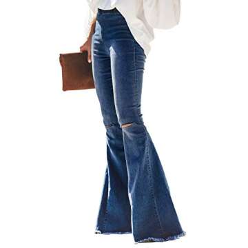 Shawhuwa Womens Denim Pants Jeans Stretch Bell Bottom Flared Jeans Destroyed Skinny Ripped Pants