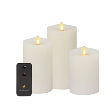 Luminara Realistic Artificial Moving Flame Pillar Candles - Set of 3 - Melted Top Edge, LED Battery Operated Lights - Unscented - Remote Included- 3" x 4.5", 3" x 5.5", 3" x 6.5" (White)