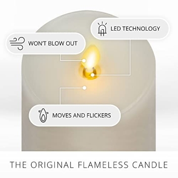 Luminara Realistic Artificial Moving Flame Pillar Candles - Set of 3 - Melted Top Edge, LED Battery Operated Lights - Unscented - Remote Included- 3" x 4.5", 3" x 5.5", 3" x 6.5" (White)