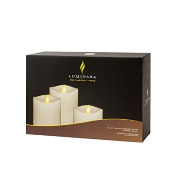 Luminara Realistic Artificial Moving Flame Pillar Candles - Set of 3 - Melted Top Edge, LED Battery Operated Lights - Unscented - Remote Included- 3" x 4.5", 3" x 5.5", 3" x 6.5" (White)