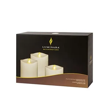 Luminara Realistic Artificial Moving Flame Pillar Candles - Set of 3 - Melted Top Edge, LED Battery Operated Lights - Unscented - Remote Included- 3" x 4.5", 3" x 5.5", 3" x 6.5" (White)