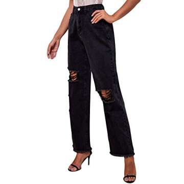 High Waist Ripped Straight Leg Jean Pants for Women