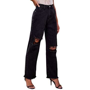 High Waist Ripped Straight Leg Jean Pants for Women