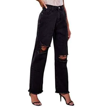 High Waist Ripped Straight Leg Jean Pants for Women
