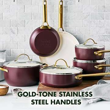 GreenPan Reserve Hard Anodized Healthy Ceramic Nonstick 10 Piece Cookware Pots and Pans Set, Gold Handle, PFAS-Free, Dishwasher Safe, Oven Safe, Merlot Purple