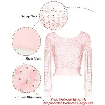 Women's Sheer Mesh Long Sleeve Pearl Crop Top - Light Pink