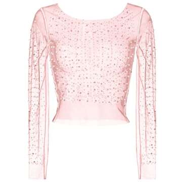 Women's Sheer Mesh Long Sleeve Pearl Crop Top - Light Pink