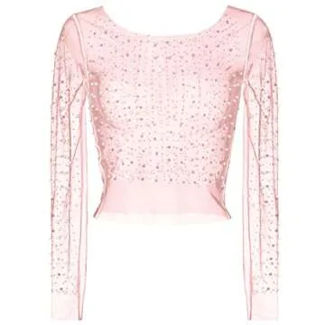 Women's Sheer Mesh Long Sleeve Pearl Crop Top - Light Pink